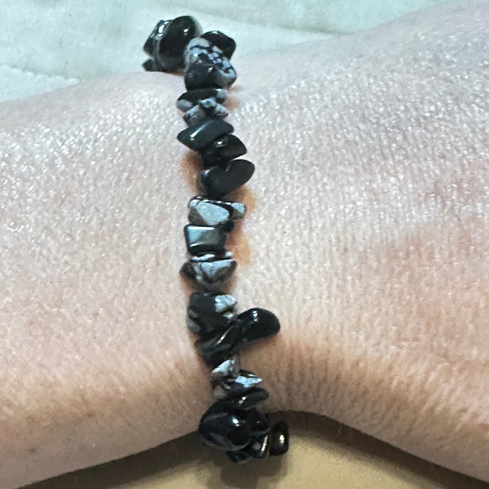 Snowflake Obsidian genuine Stone chips, stretchy bracelet. Various stone sizes.
